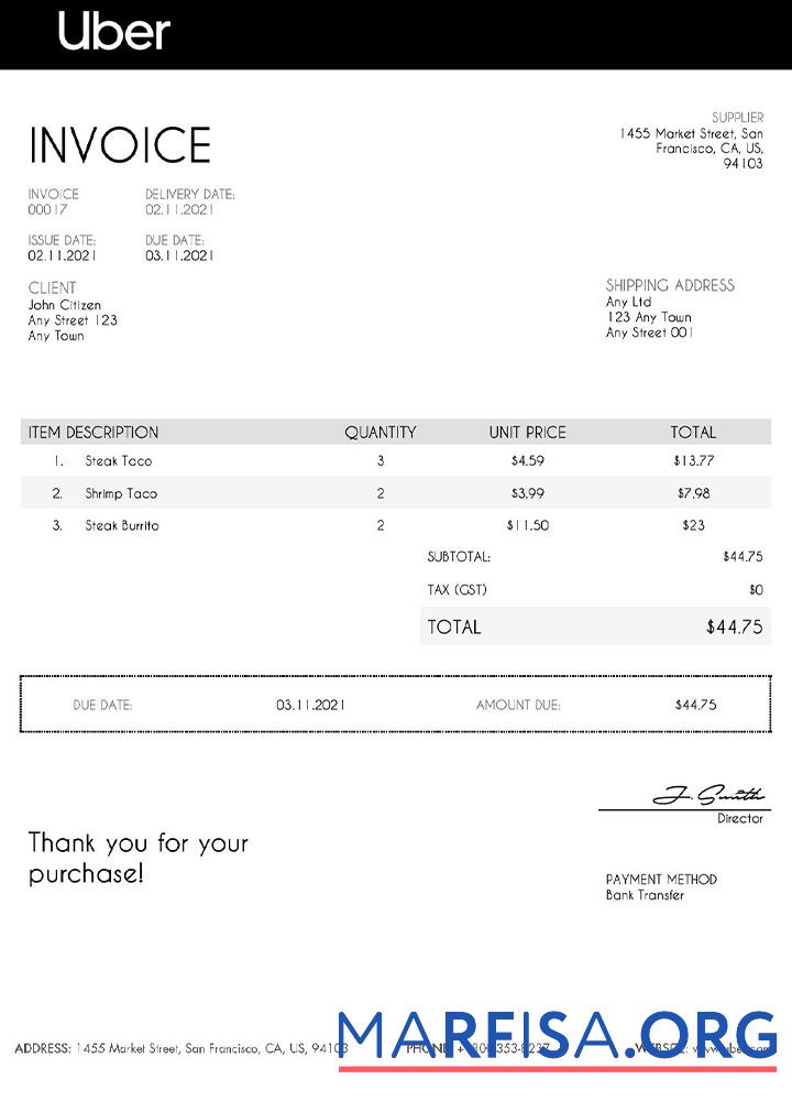 Blank USA Uber invoice template